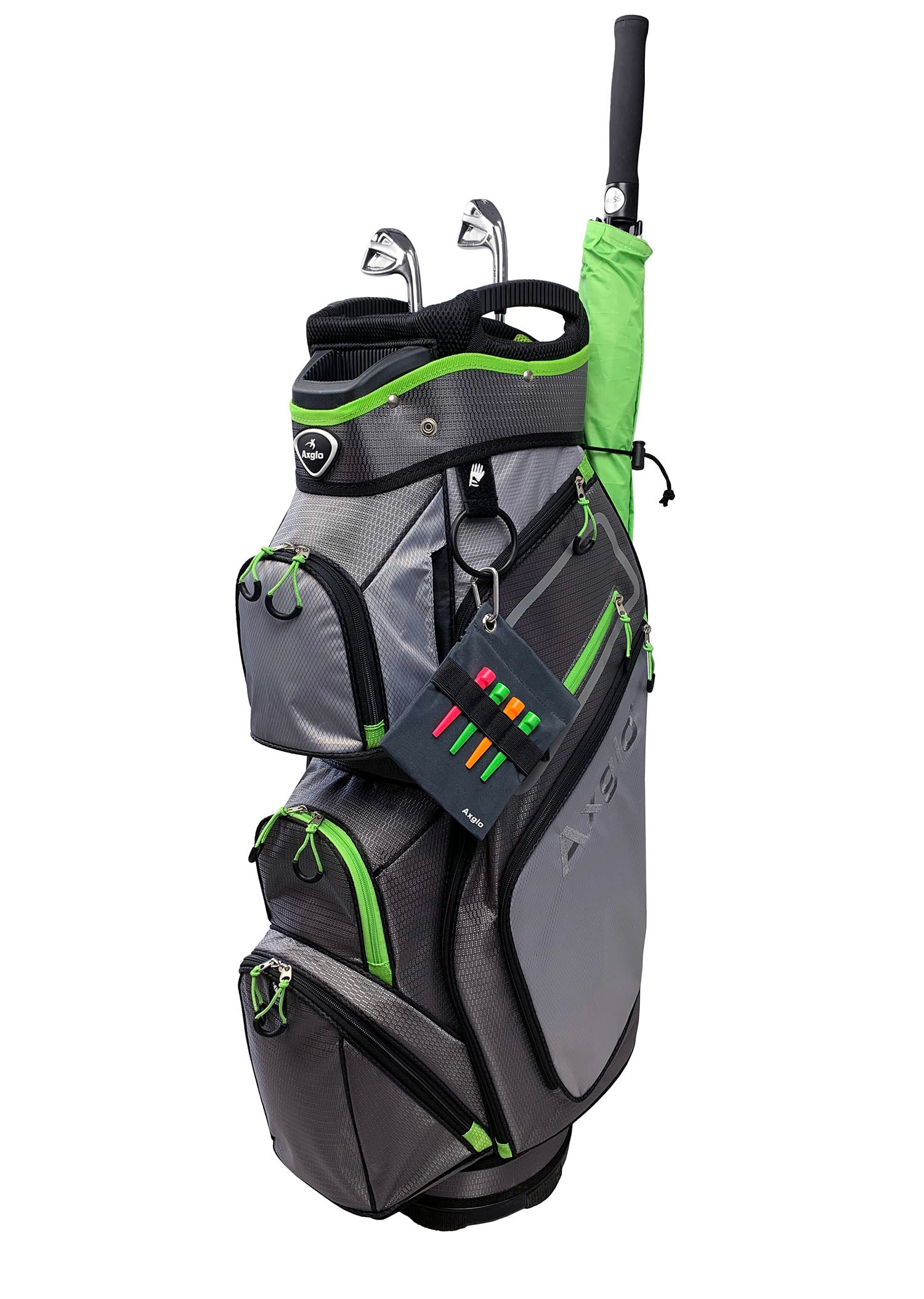 Axglo Golf Cart Bag - Green/Grey with tee bag and umbrella