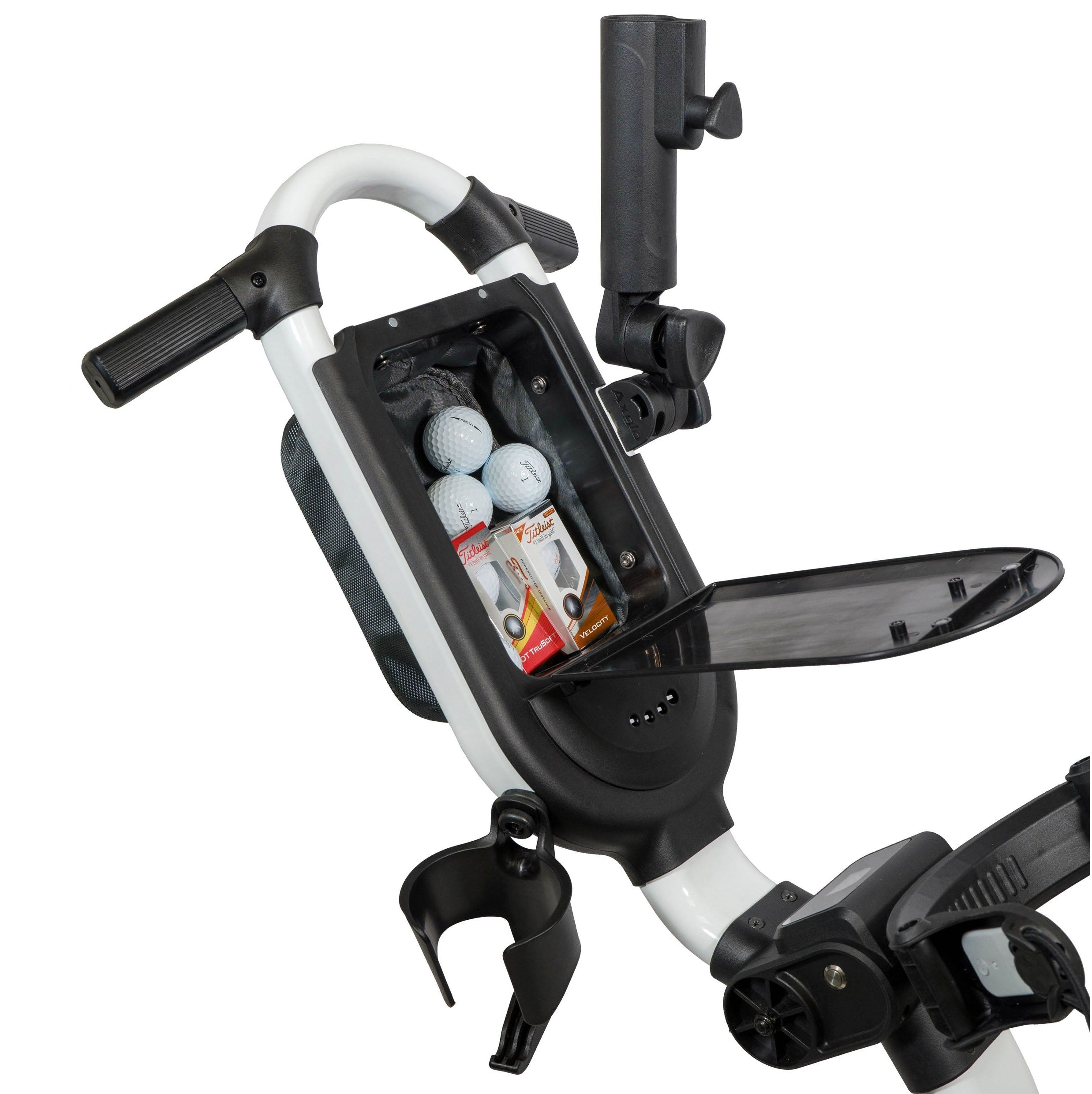 Axglo White Electric Golf Trolley Push Cart with deep storage